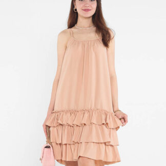 Rochie de dama cu bretele camel cu volane - Imbracaminte