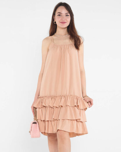 Rochie de dama cu bretele camel cu volane - Imbracaminte