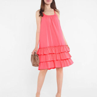 Rochie de dama roz neon pe bretele cu volane - Imbracaminte