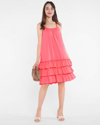 Rochie de dama roz neon pe bretele cu volane - Imbracaminte