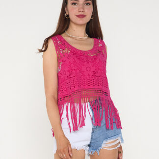 Bluză de damă crop top din dantelă fucsia - Îmbrăcăminte