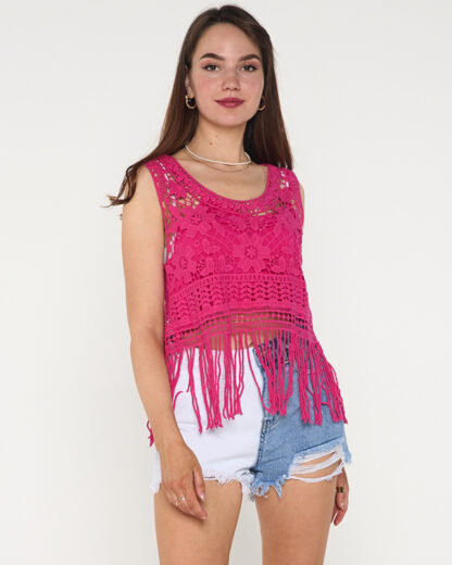 Bluză de damă crop top din dantelă fucsia - Îmbrăcăminte