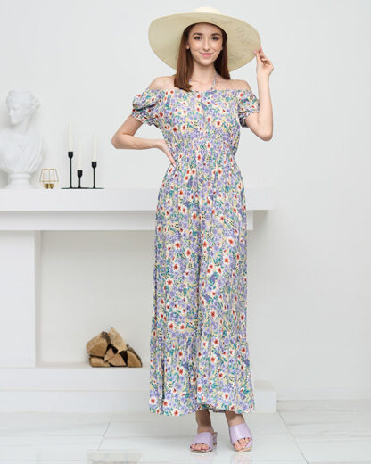 Rochie lungă de vară verde pentru femei cu flori mov - Îmbrăcăminte