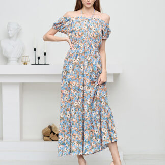 Rochie lungă de vară portocalie pentru femei cu flori albastre - Îmbrăcăminte