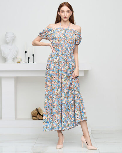 Rochie lungă de vară portocalie pentru femei cu flori albastre - Îmbrăcăminte