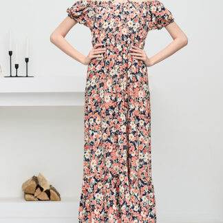 Rochie lungă de damă bleumarin cu flori de coral - Îmbrăcăminte