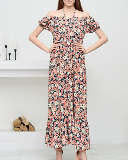 Rochie lungă de damă bleumarin cu flori de coral - Îmbrăcăminte