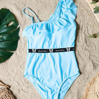 Costum de baie albastru dintr-o bucată de damă cu volan - Lenjerie intimă