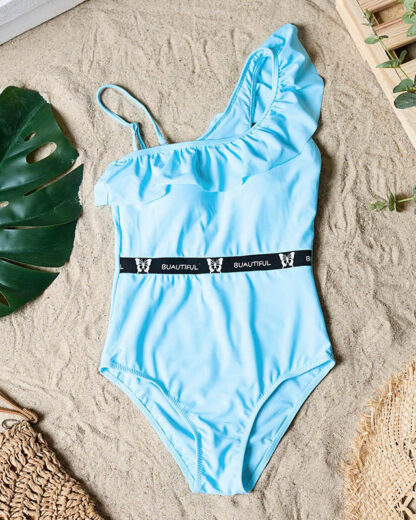 Costum de baie albastru dintr-o bucată de damă cu volan - Lenjerie intimă