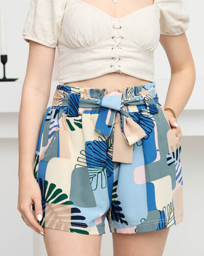 Pantaloni scurți din țesătură de damă albastru cu model - Îmbrăcăminte