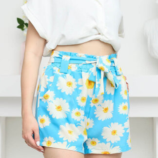 Pantaloni scurți de damă din țesătură cu model albastru floral - Îmbrăcăminte