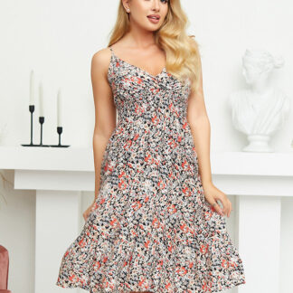 Rochie de vară de damă neagră și bej cu flori - Îmbrăcăminte