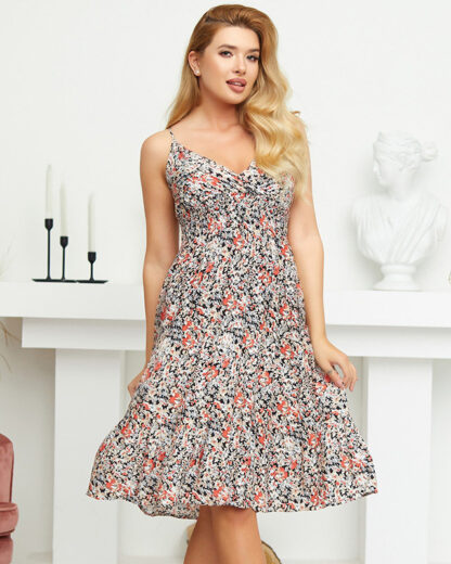 Rochie de vară de damă neagră și bej cu flori - Îmbrăcăminte