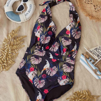 Costum de baie dintr-o singură piesă cu model de damă, negru și roz - Îmbrăcăminte