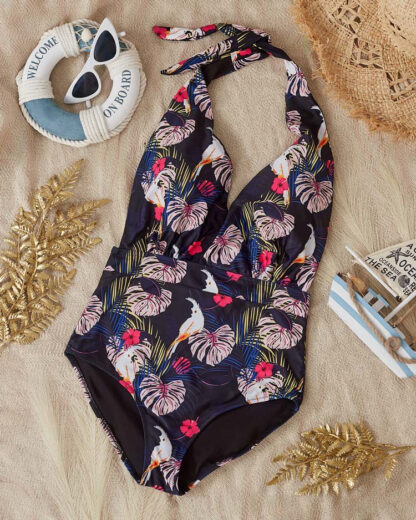 Costum de baie dintr-o singură piesă cu model de damă, negru și roz - Îmbrăcăminte