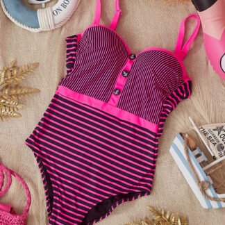 Costum de baie negru dintr-o bucată pentru damă, dungi roz - Lenjerie intimă