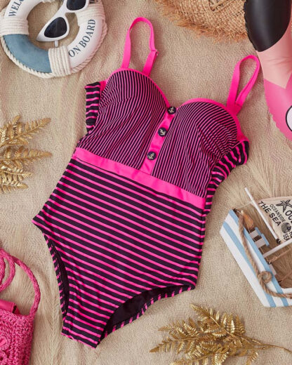 Costum de baie negru dintr-o bucată pentru damă, dungi roz - Lenjerie intimă