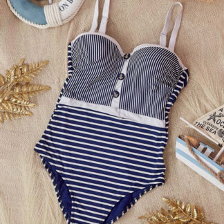 Costum de baie de damă bleumarin cu dungi dintr-o singură piesă - Lenjerie intimă