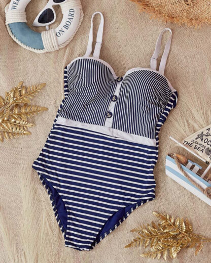Costum de baie de damă bleumarin cu dungi dintr-o singură piesă - Lenjerie intimă