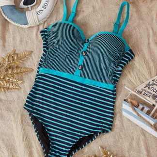 Costum de baie negru dintr-o bucată de damă cu dungi de mentă - Lenjerie intimă