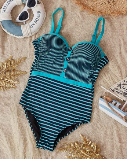 Costum de baie negru dintr-o bucată de damă cu dungi de mentă - Lenjerie intimă
