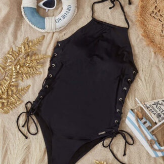 Costum de baie dintr-o singură piesă, negru, cu părți decorative - Îmbrăcăminte