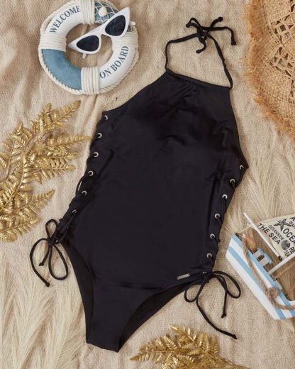 Costum de baie dintr-o singură piesă, negru, cu părți decorative - Îmbrăcăminte