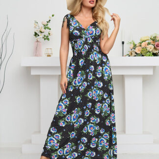 Rochie maxi dama neagra cu flori albastre - Imbracaminte