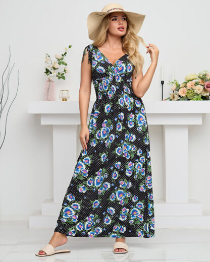 Rochie maxi dama neagra cu flori albastre - Imbracaminte
