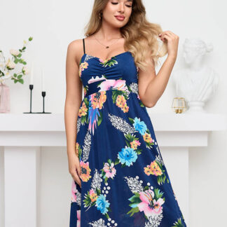 Rochie florală bleumarin până la genunchi - Îmbrăcăminte