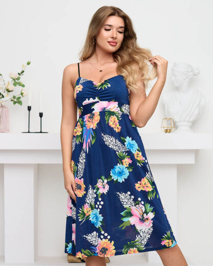 Rochie florală bleumarin până la genunchi - Îmbrăcăminte