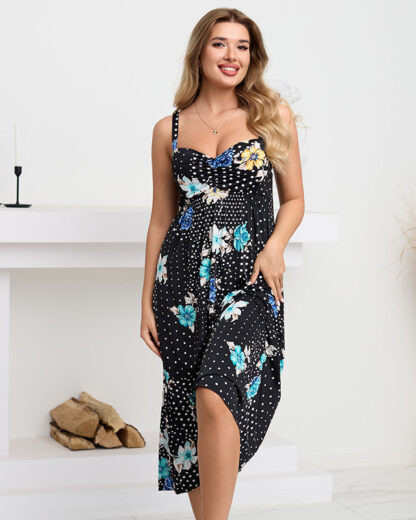 Rochie neagra midi dama cu bretele cu buline - Imbracaminte