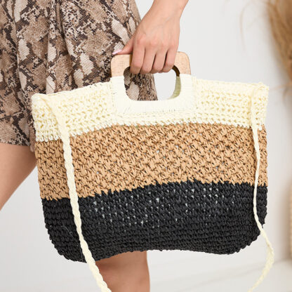 Geanta de dama cu dungi mari din paie negru si bej - Accesorii