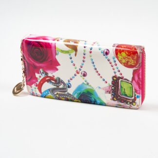 Portofel mare de dama alb cu flori roz - Accesorii