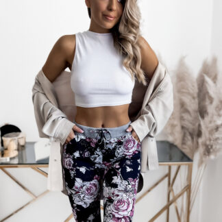 Pantaloni scurți 3/4 damă bleumarin și roz cu model floral PLUS SIZE - Îmbrăcăminte