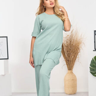 Set dama din bumbac cu dungi verde deschis - Imbracaminte