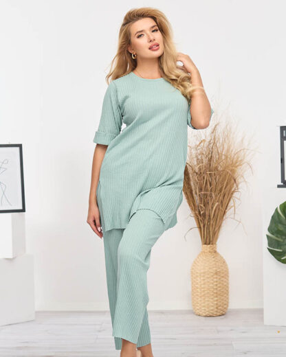Set dama din bumbac cu dungi verde deschis - Imbracaminte