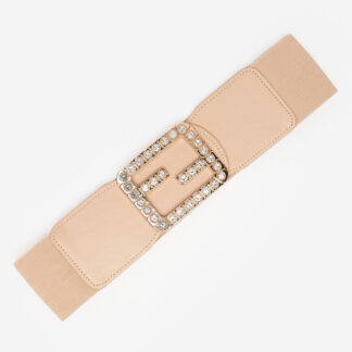 Curea elastică lată de damă bej cu zirconiu cubic - accesorii