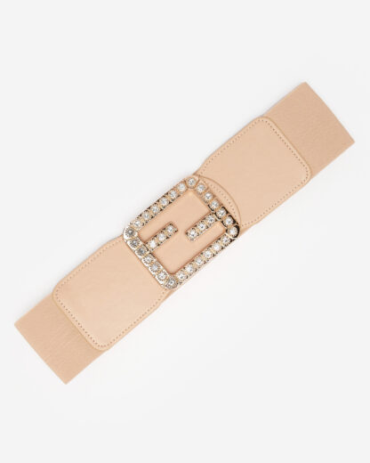 Curea elastică lată de damă bej cu zirconiu cubic - accesorii