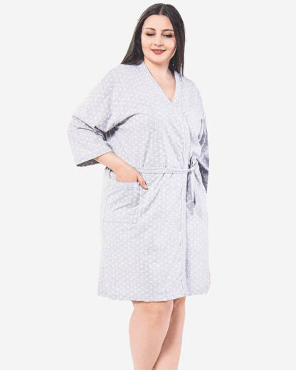 Halat de baie damă gri deschis din bumbac cu buline PLUS SIZE - Îmbrăcăminte