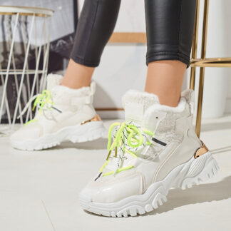 Pantofi sport de damă albi cu blană și șireturi verde neon Sagglo- Footwear