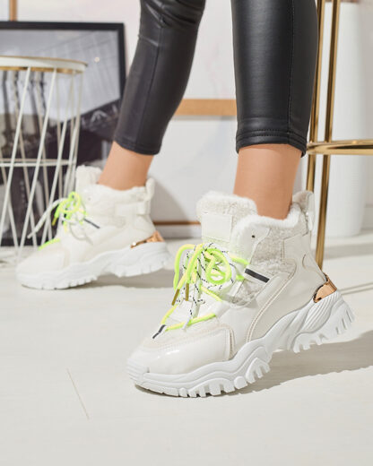 Pantofi sport de damă albi cu blană și șireturi verde neon Sagglo- Footwear