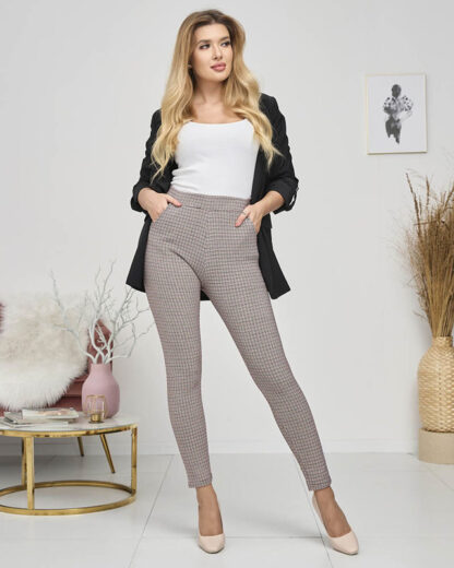 Pantaloni treggings pentru femei cu carouri maro și negru - Îmbrăcăminte