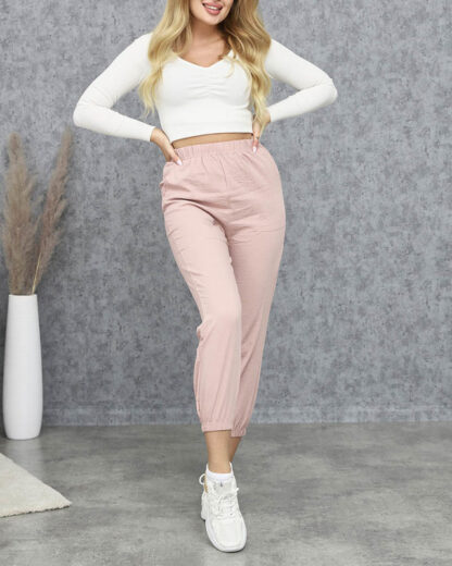 Pantaloni din țesătură roz pentru femei - Îmbrăcăminte