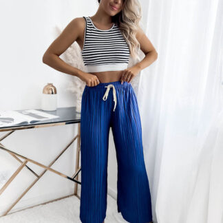 Pantaloni palazzo largi de damă cu pliuri albastru marin - Îmbrăcăminte