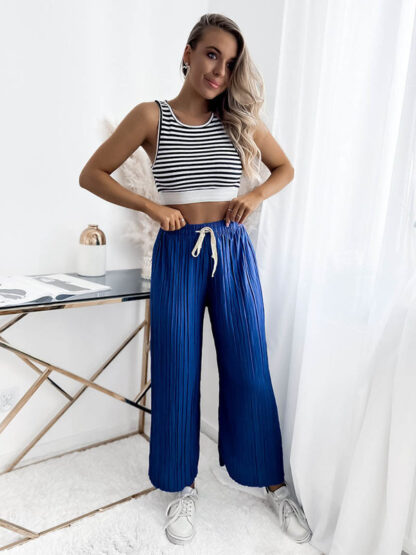 Pantaloni palazzo largi de damă cu pliuri albastru marin - Îmbrăcăminte