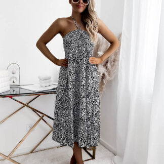 Rochie midi de damă neagră și albă cu imprimeu PLUS SIZE- Îmbrăcăminte