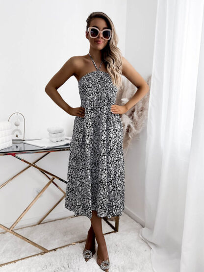 Rochie midi de damă neagră și albă cu imprimeu PLUS SIZE- Îmbrăcăminte