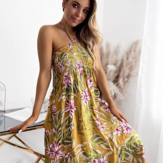 Rochie midi galbenă pentru femei cu model floral - Îmbrăcăminte