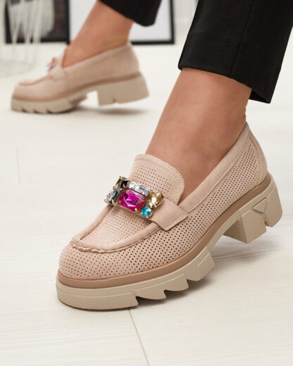Mocasini bej traforați pentru femei cu decorațiuni Bokkso- Footwear
